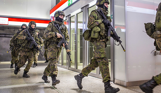 Soldiers practice at the subway station