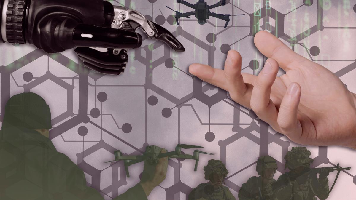 Kuvituskuva, jossa kuvataan ihmisen ja teknologian suhdetta ja tulevaisuutta.