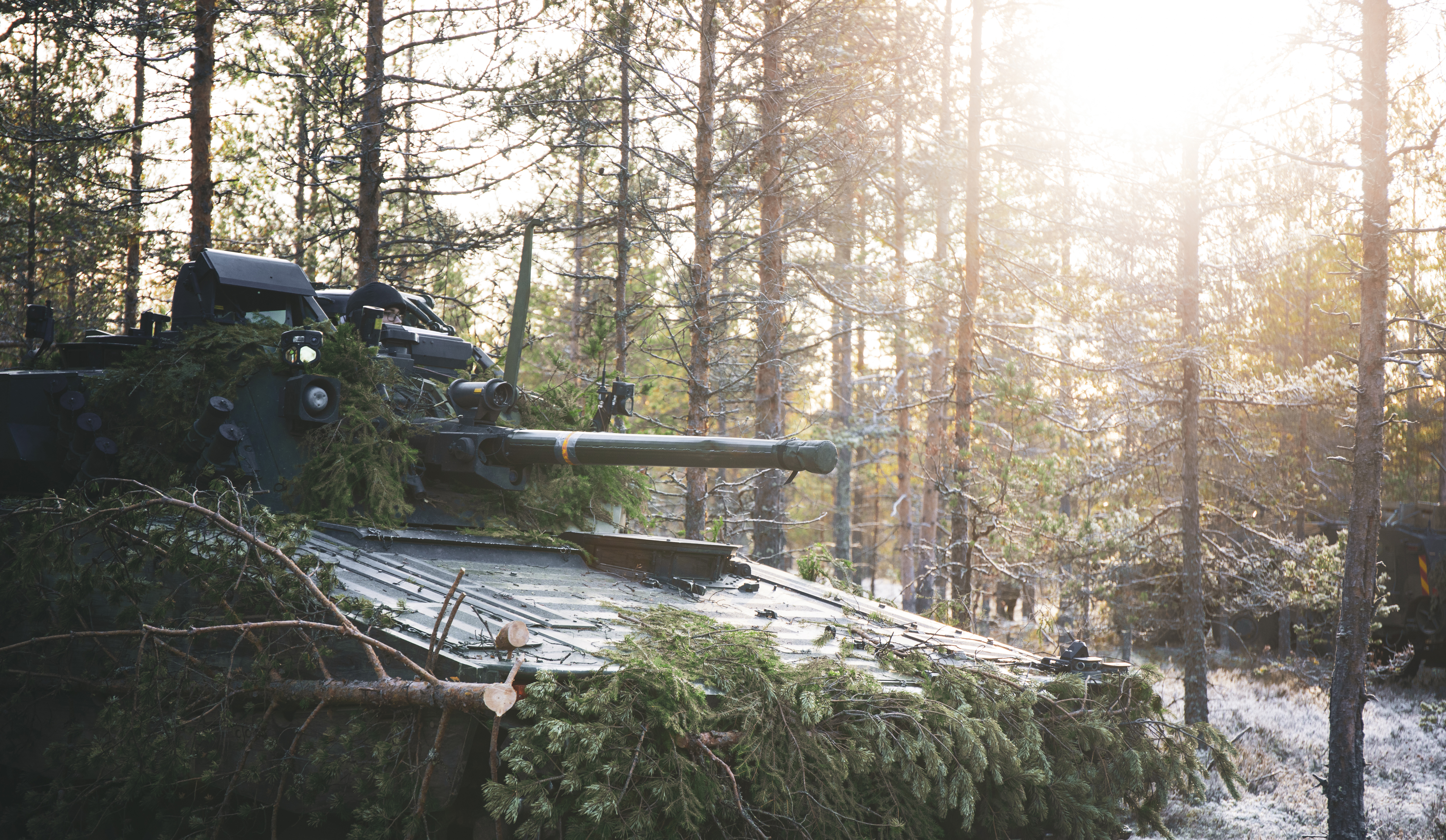 Panssarivaunu metsässä, aurinko laskee puiden takana.