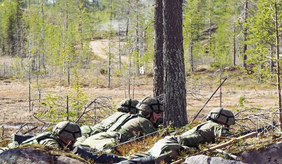 Jalkaväkisotilaita maastossa, taustalla näkyy tie ja suo, jonka toisella puolella kranaatinheittimien maalialue, tukee jalkaväkeä.