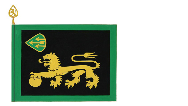 Panssarikoulun lippu, jossa panssarileijona mustalla pohjalla vihreät kehykset.
