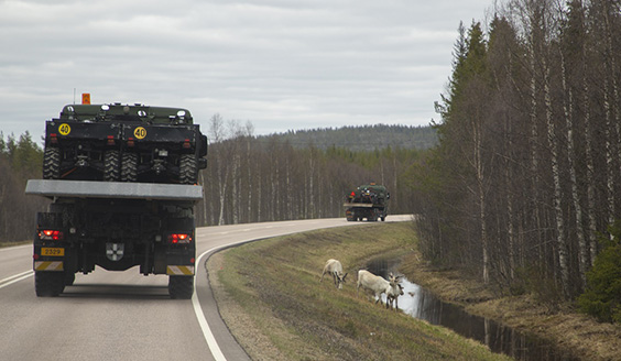 Sotilasjoaneuvoja tiellä, tieenposkessa kaksi poroa. Kuvituskuva otettu toukokuussa 2021 Rovajärvellä, Northern Forest 21-harjoituksessa.