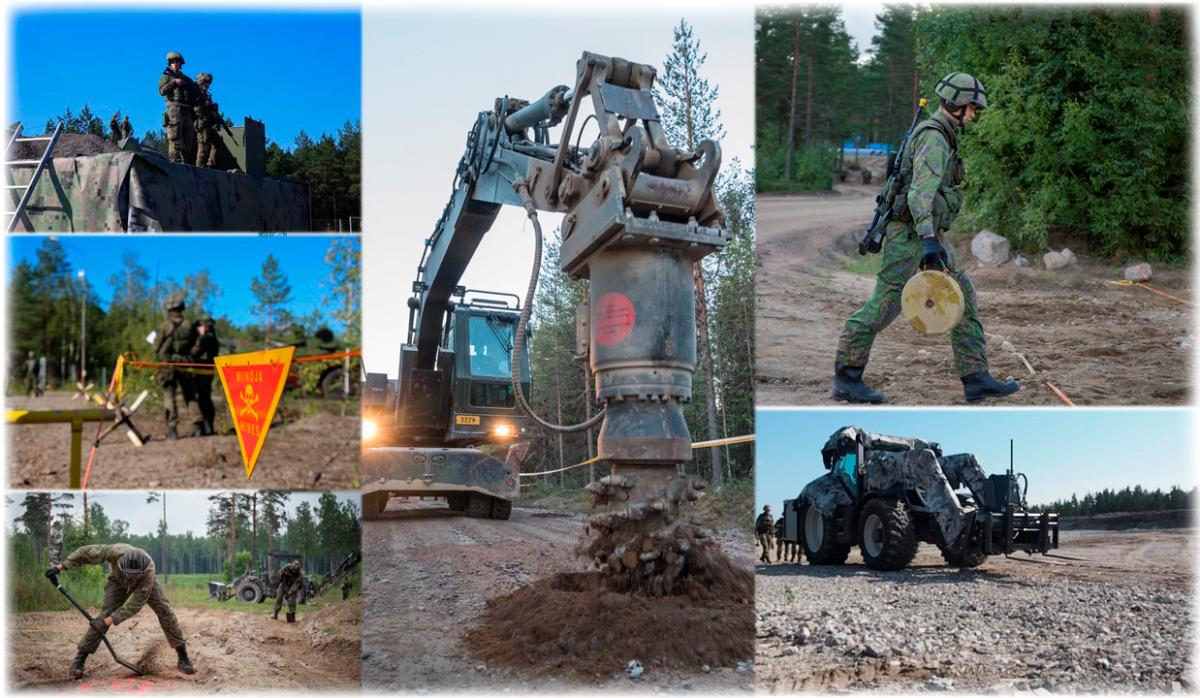 Erilaisia kuvia pioneeritoiminnasta, keskellä pystyjyrsin poraamassa hiekkatien pintaa