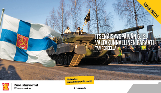 kuva, jossa panssarivaunu, Suomen lippu ja teksti 