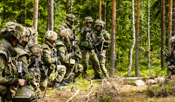 Reserviupseerikoulun varusmiehiä harjoituksessa rivissä.