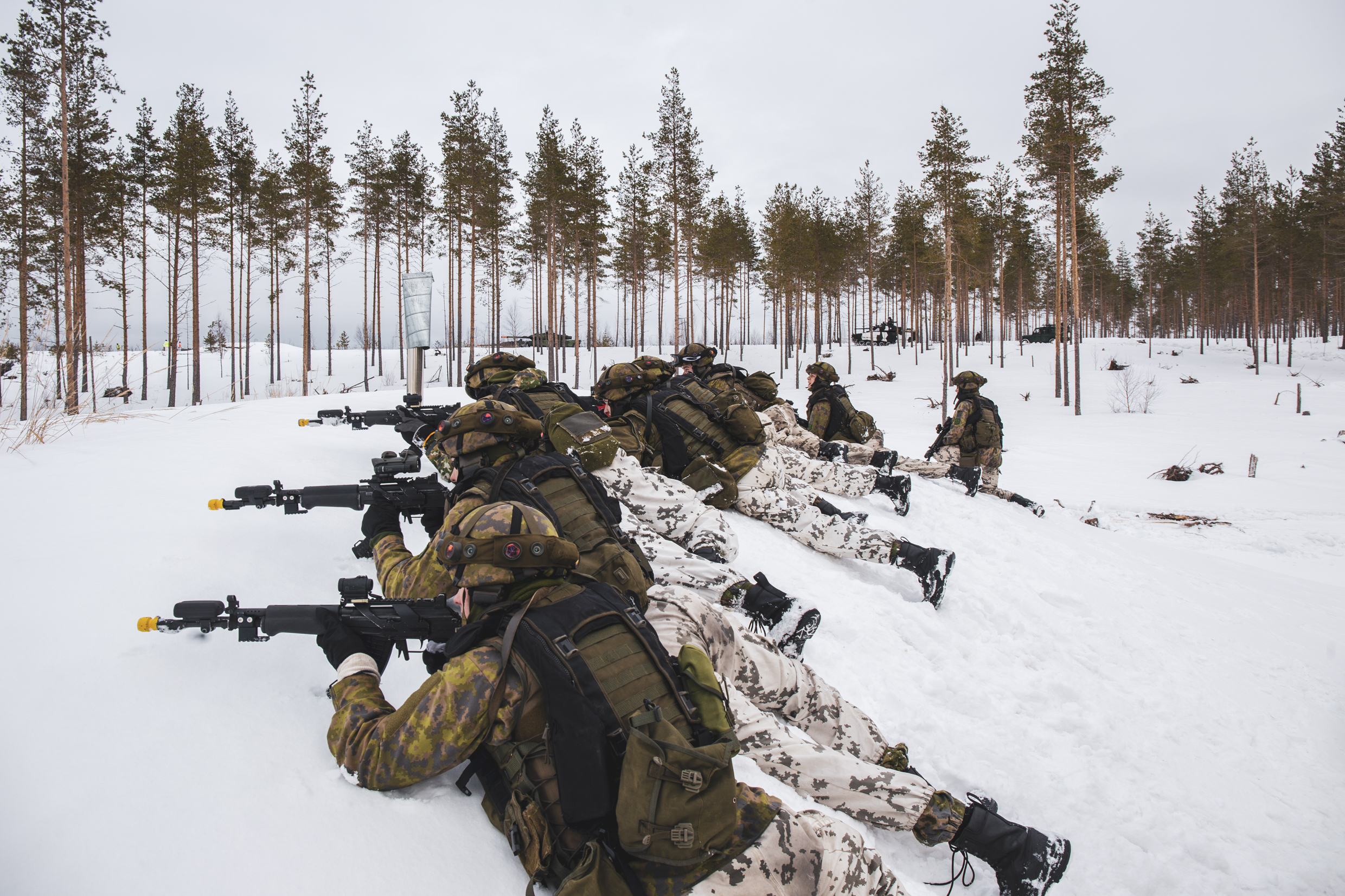 Sotilaat makaavat harjanteella ja tehtäävät aseillaan. Taustalla luminen metsä ja panssarivaunuja.