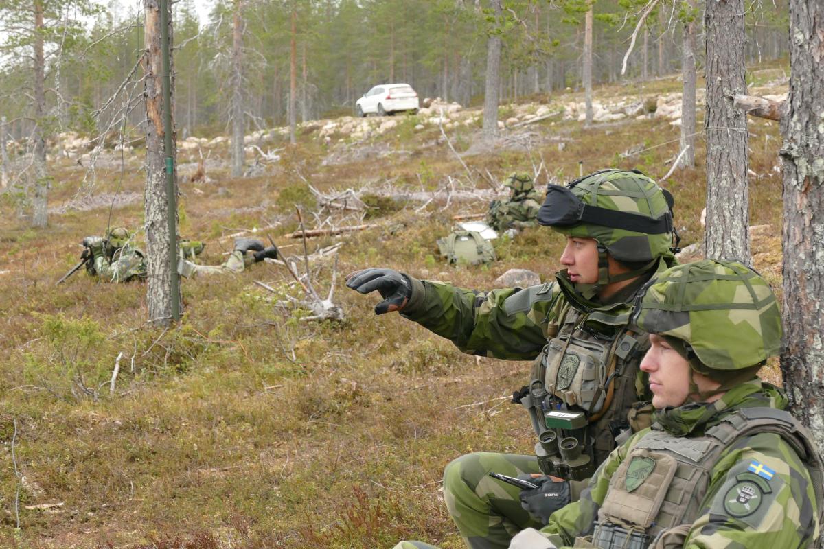 Tulenjohtotehtävissä Rovajärvellä maastossa ruotsalaisia kersantteja, taustalla suomalaisia varusmiehiä.