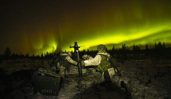 mortar and soldiers in aurora borealis landscape