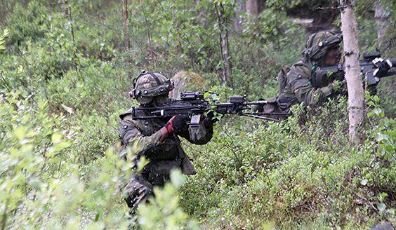 Two soldiers in the bush aiming with rifles 