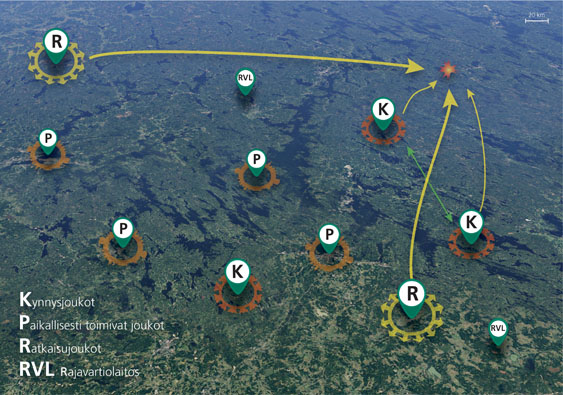 Havainnolistava kuva, jossa kuvataan miten kynnysjoukot, paikallisesti toimivat joukot, ratkaisujoukot ja rajavartiolaitos sijoittuvat kartalle.