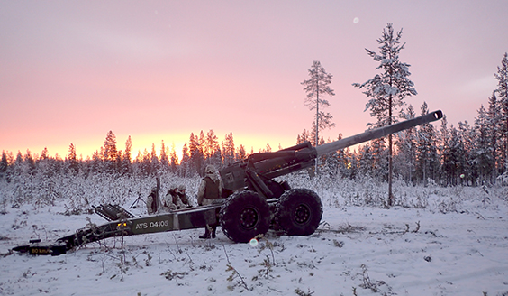 En kanon i en snöig skogfyrkant