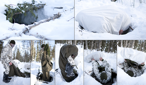 A series of pictures with the first one being a potter in a snowy forest. The soldier comes out of the pot and pulls the sleeping bag over himself. The sleeping bag is then packed in a backpack with a white protective hood.