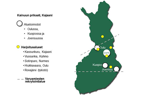 Kainuu Brigade, Kajaani. Regional offices in Oulu, Kuopio and Joensuu. Training areas: Kassunkuru Kajaani, Vuosanka Kuhmo, Sotinpuro Nurmes, Hiukkavaara Oulu and Rovajärvi (artillery).