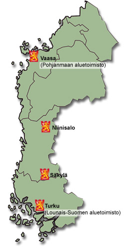 Karttakuva, jossa näkyy Lounais-Suomi ja sen sisällä Varsinais-Suomen, Satakunnan, Pohjanmaan, Etelä-Pohjanmaan ja Keski-Pohjanmaan maakuntien rajat. Karttaan on merkitty tornileijona-logolla Porin prikaatin toimipaikat ja varuskunnat jotka sijaitsevat Vaasassa, Niinisalossa, Säkylässä ja Turussa.