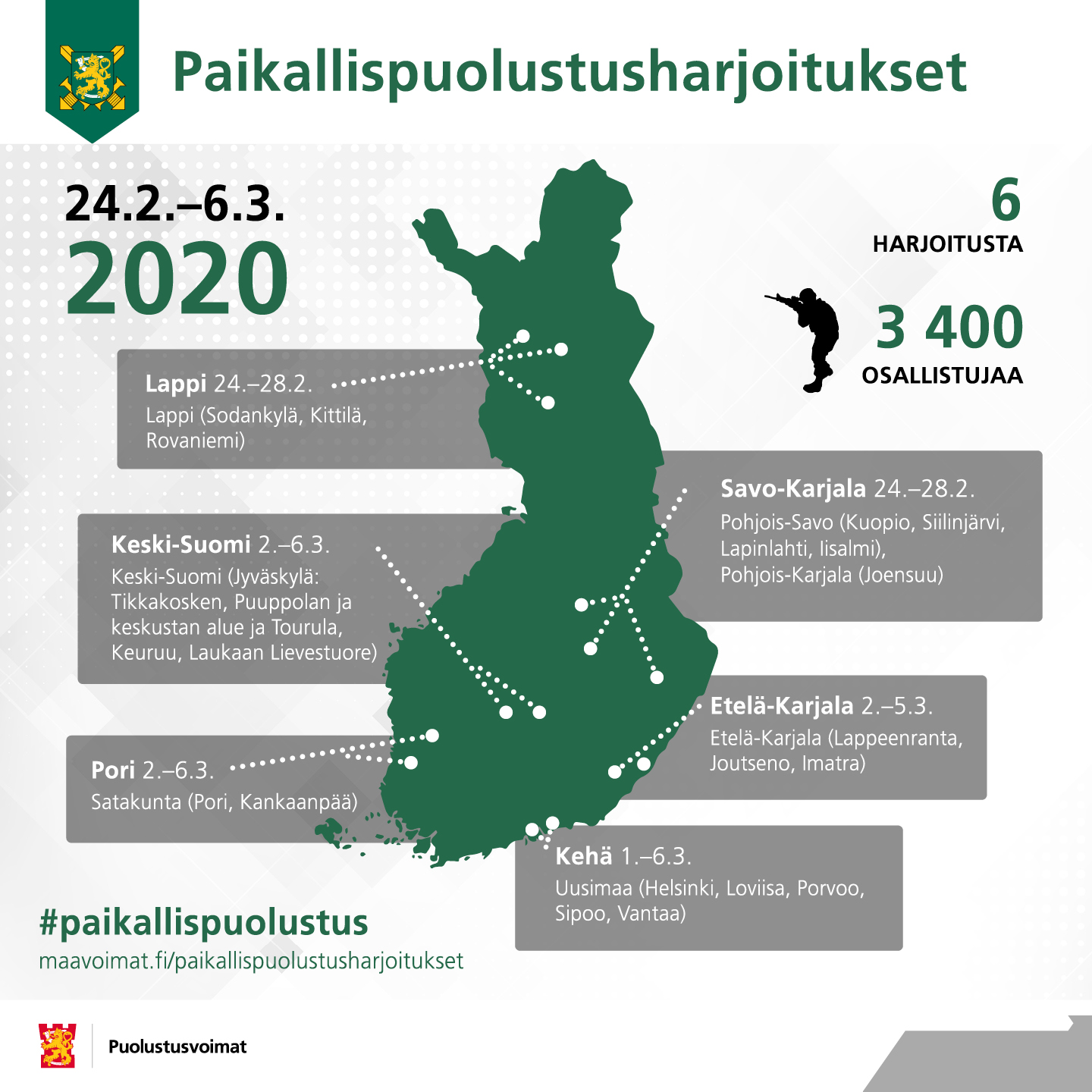 kuva, jossa Suomen kartta ja harjoitusten paikkakunnat kuvattuina kartalle.