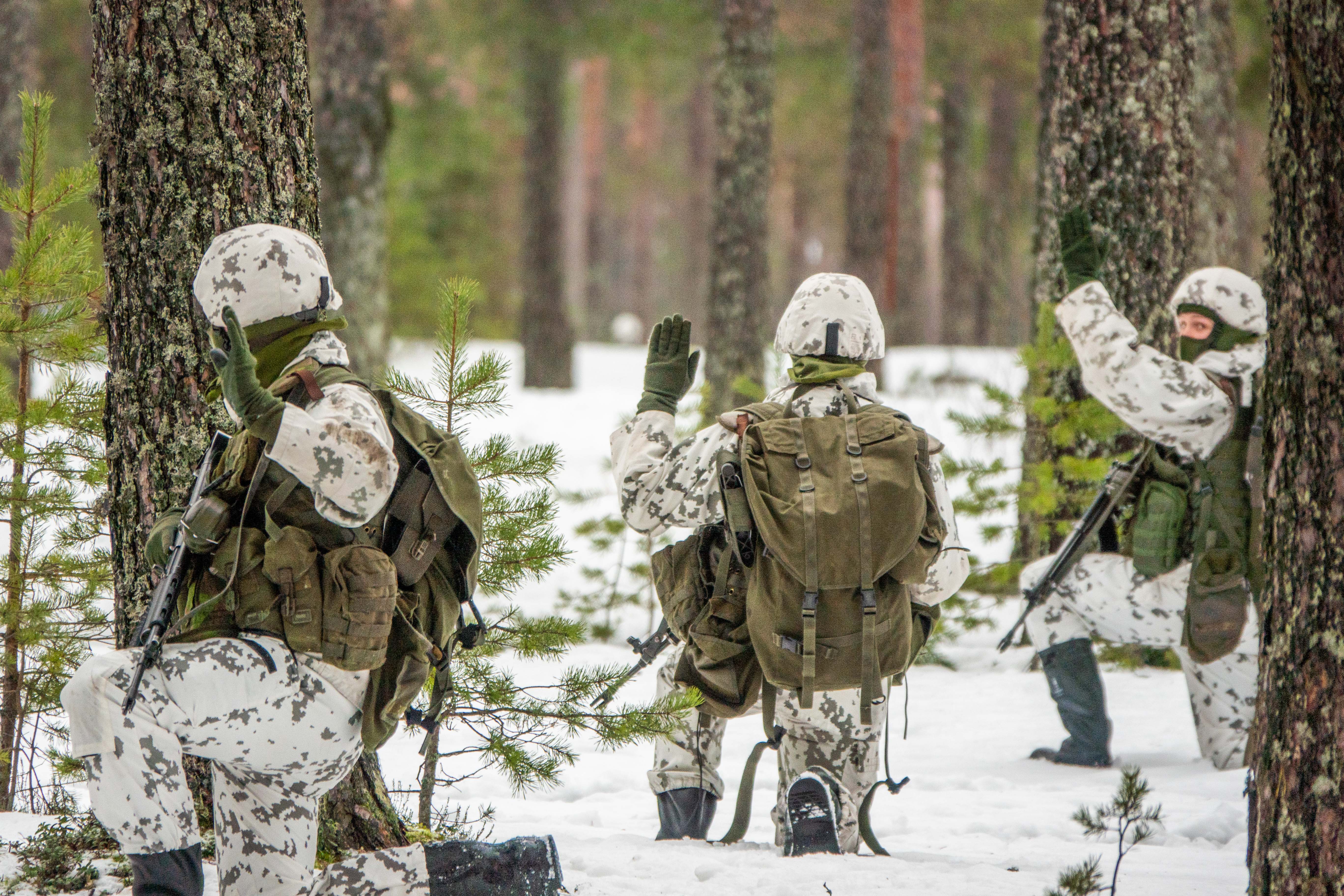Kolme talvivarusteista sotilasta polvistuneena lumisessa metsässä.