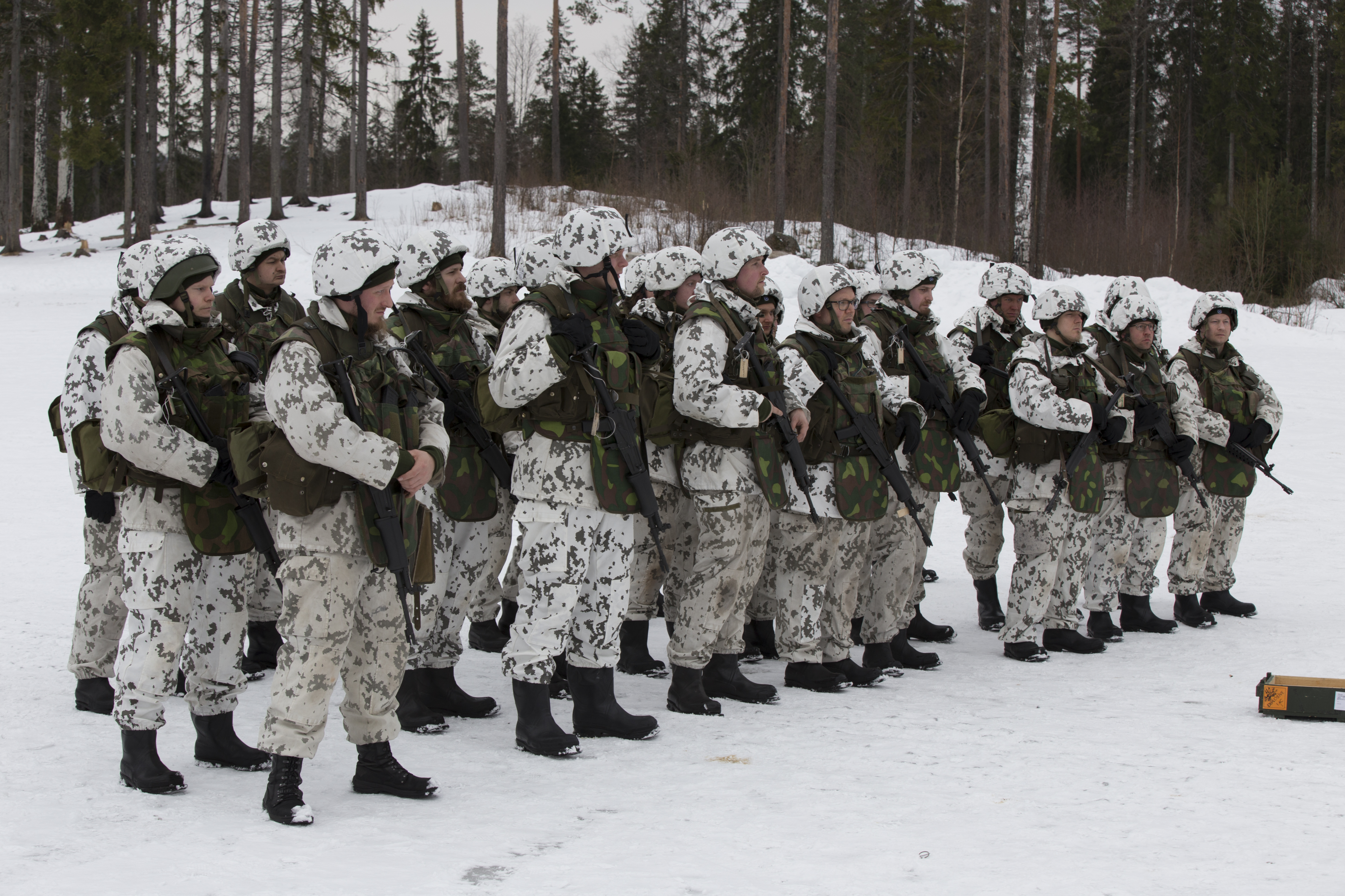 Sotilaat seisovat muodossa lumipuvuissa ja taisteluvarustuksessa