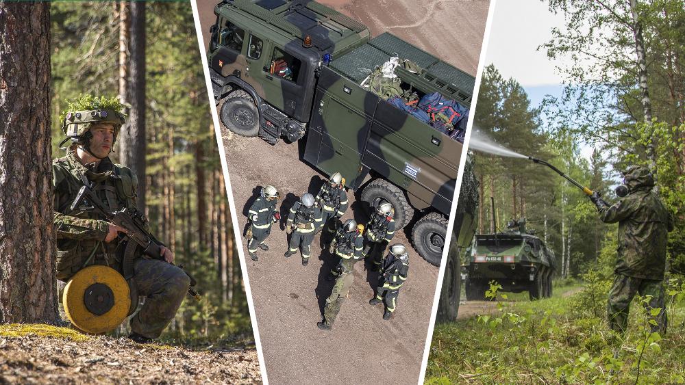 Kuvasarja: Sotilas telamiinan kanssa, palomiehiä ja sotilas sotilasajoneuvon edessä, suojavarusteinen sotilas ruiskuttamassa ajoneuvoa vedellä. 