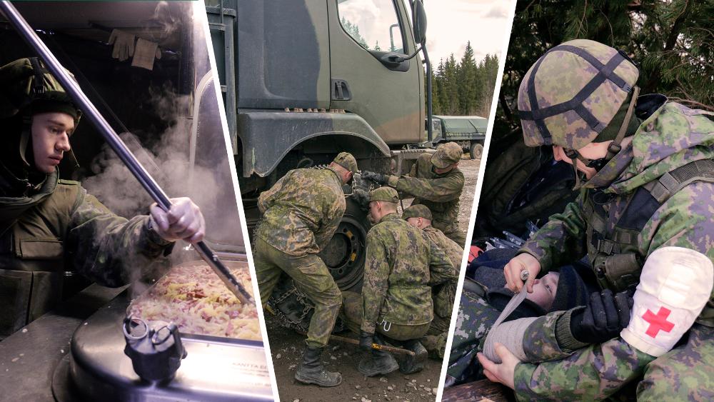 Kuvasarja: Sotilaskeittäjä valmistamassa ruokaa, sotilaita vaihtamassa kuorma-auton rengasta, lääkintämies sitomassa harsoa sotilaan käsivarteen.