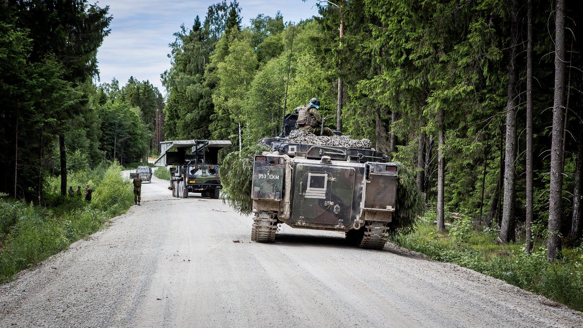 Armored vehicle, bridge vehicle and camouflaged passenger vehicle on the forest road