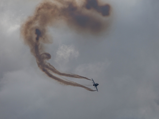 The Air Force’s Hawk jet trainer performs a solo routine during an air show.