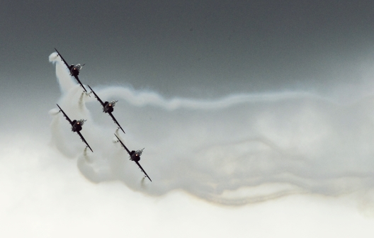 The Air Force’s aerobatic display team performs formation flying, leaving striking vapour trails in the sky from their jet trainers.