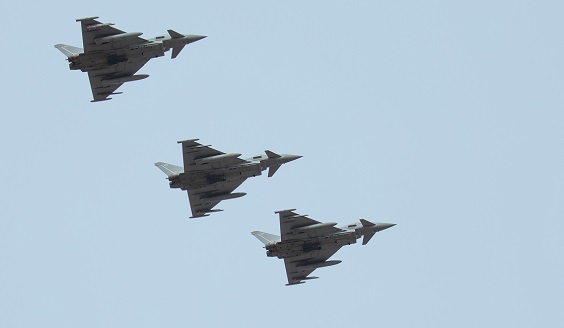 Three RAF Typhoon fighters in the air