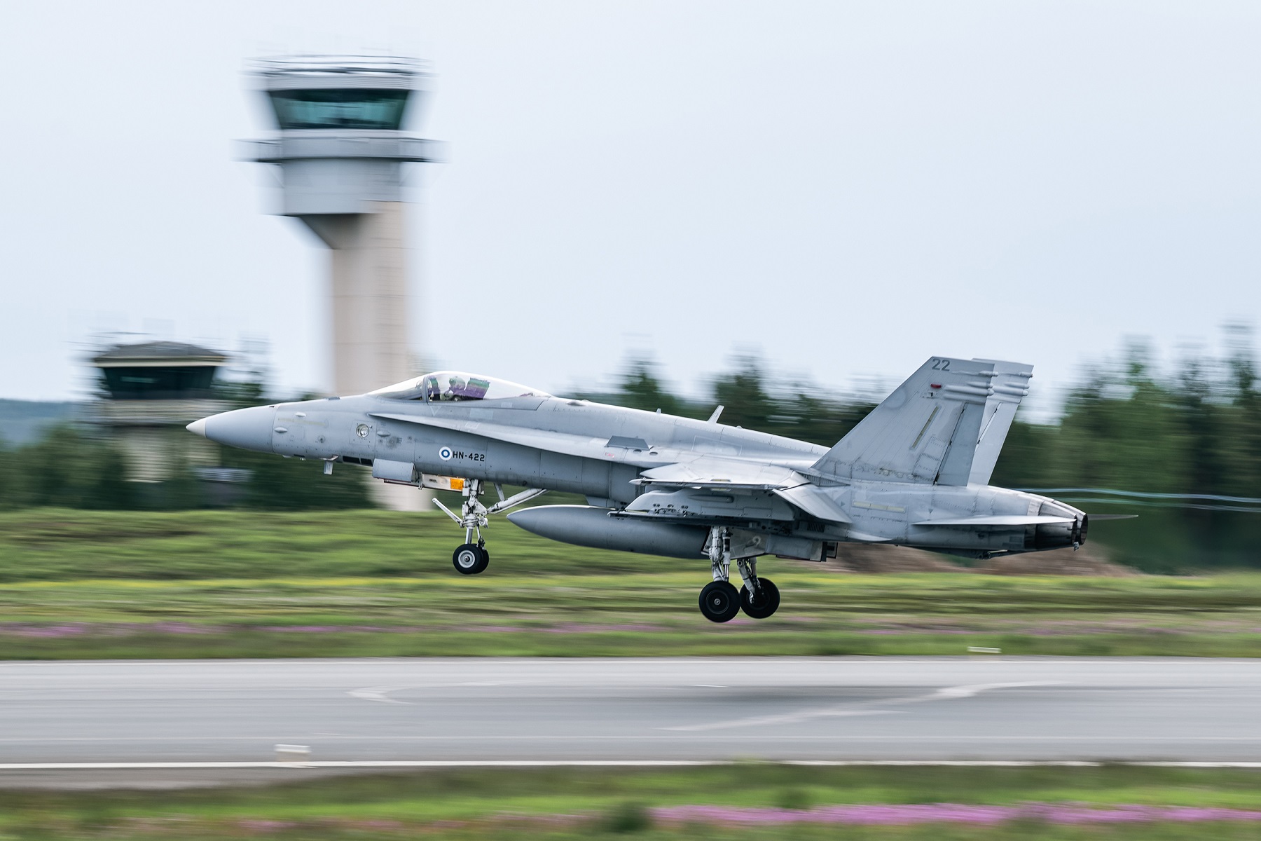 Finnish Air Force F/A-18 Hornet takes off from Rovaniemi Air Base